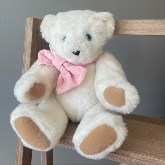 Cute Fluffy White Jointed Plush Bear with Pink Velvet Bow - Picture 3 of 13